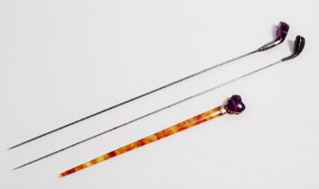 A silver gold club hat pin and similar amethyst one plus an amber hairpin with heart from amethyst