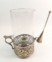 A silver plated storm lamp with handle, snuffer and glass shade, 9cm x 18.5cm high