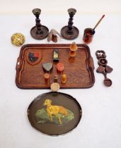 A collection of wooden items including tray, candlesticks, butter mould etc.