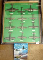 A complete set of twelve Danbury Mint pewter WWII fighter planes in homemade display case, 72 x 63cm