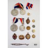 A Herefordshire army badge, various commemorative medals, silver medal etc.