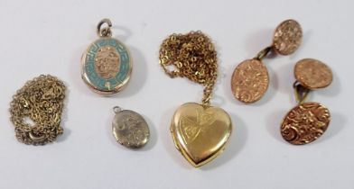 A 9 carat gold front and back locket, a yellow metal and enamel locket etc.