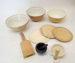 A box of kitchenalia including three large mixing bowls including Mason Cash & Co examples (33cm