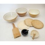 A box of kitchenalia including three large mixing bowls including Mason Cash & Co examples (33cm