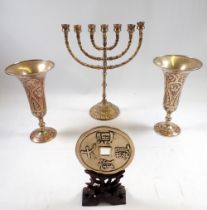 A group of brass including Indian engraved vases - 22cm tall, seven branch candelabra and a