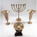 A group of brass including Indian engraved vases - 22cm tall, seven branch candelabra and a