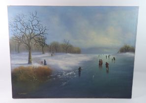 Ray Witchard - oil on canvas winter scene with figures ice skating, 46 x 81cm