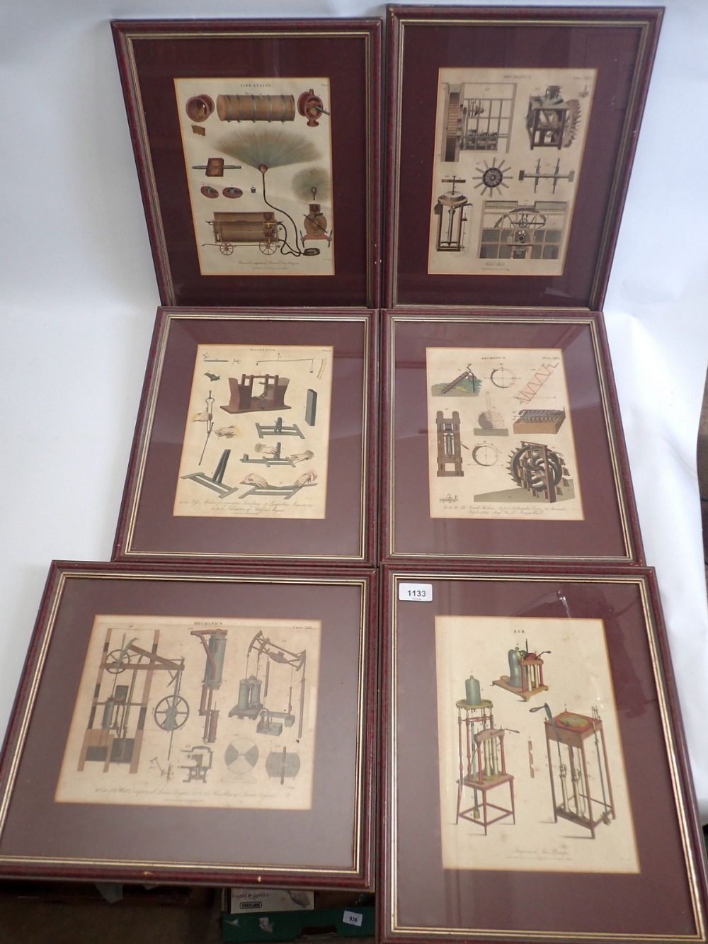 A set of six various patent engravings by J Pass including Fire Engine, Water Mills, Magnetism