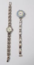 An early 20th century French silver and enamel ladies watch and strap and a silver Louis Arden watch