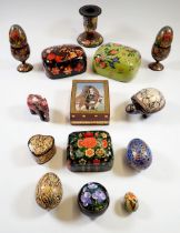 A group of Kashmiri painted trinket boxes and eggs plus crushed gemstone trinket box featuring