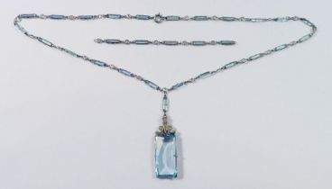 A French Art Deco Platinon 'aquamarine' and crystal glass pendant necklace (extra chain), stone