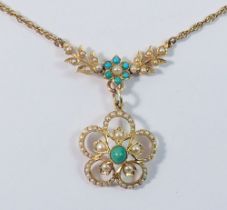 A 9ct gold pendant necklace set seed pearl and turquoise motif and floral cluster detachable drop,