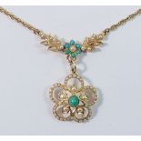 A 9ct gold pendant necklace set seed pearl and turquoise motif and floral cluster detachable drop,