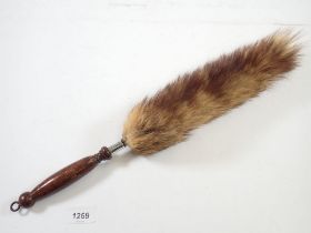 A fox brush duster with turned wood handled 'Gibson Gorse, Charnwood 1946'