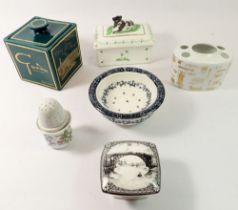 A group of china including a Harrods toothbrush holder, a Thomas Goode & Co tea caddy by