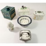 A group of china including a Harrods toothbrush holder, a Thomas Goode & Co tea caddy by