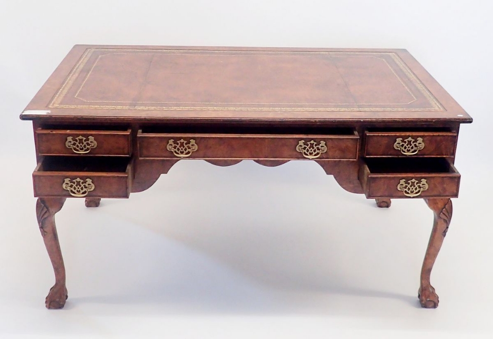 An early 20th century burr walnut large Queen Anne style library desk with five drawers (five - Image 2 of 5