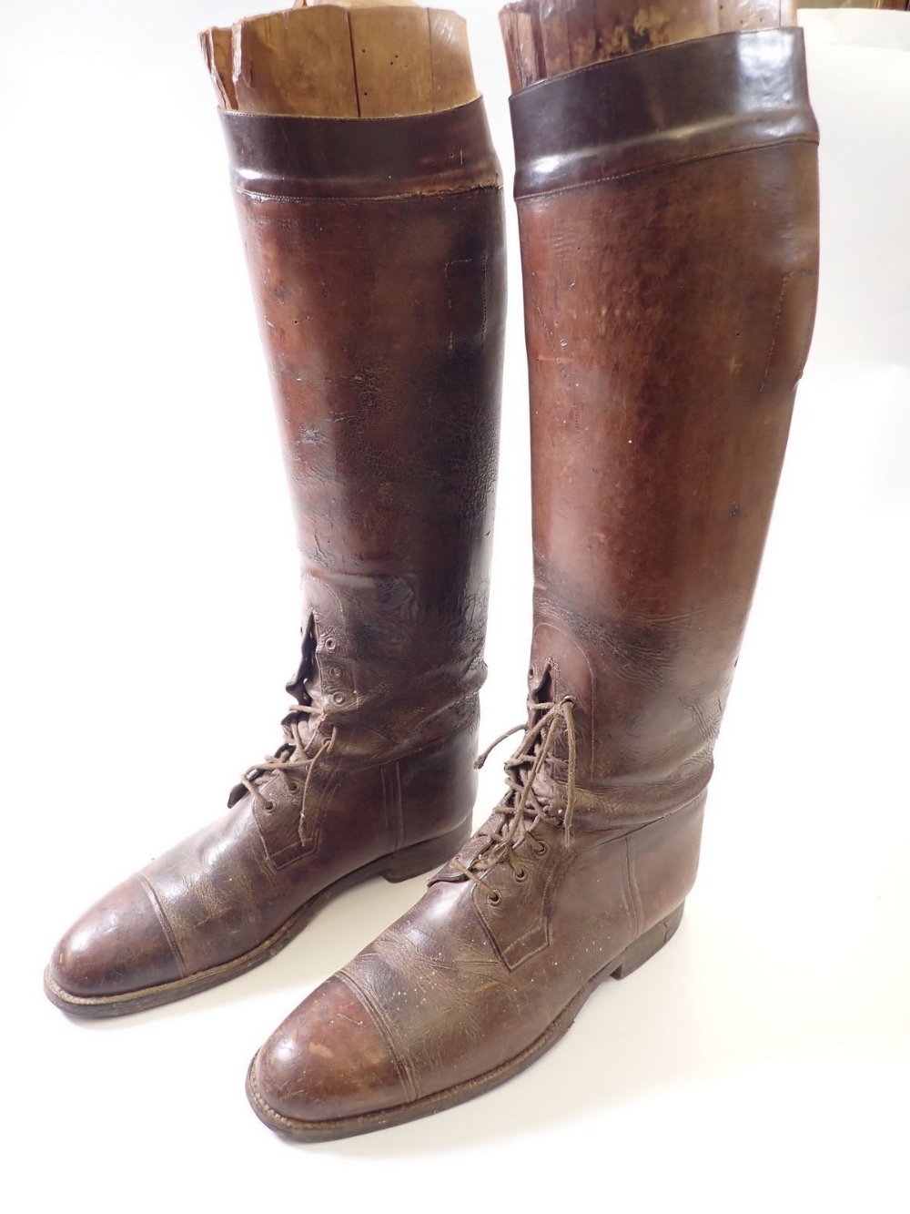 A pair of 1930's mens military brown leather field boots with wooden boot trees, approx size 10 - Image 3 of 4