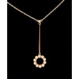 A 9 carat gold pearl set pendant and chain, 2.8g, 4cm drop