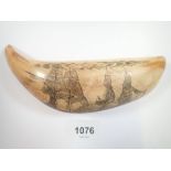 A large whales tooth scrimshaw, 17cm long