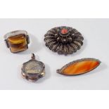 A silver tigers eye ring, yellow metal hair locket, filigree coral brooch (pin a/f) and a white