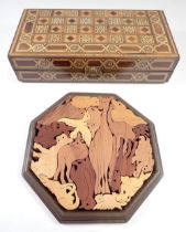 A marquetry backgammon game plus a wooden animal puzzle