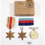 Three WWII medals including Africa Star, 1939-45 Star and War medal with ribbons and box