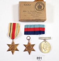 Three WWII medals including Africa Star, 1939-45 Star and War medal with ribbons and box