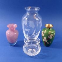 Three glass vases including Stuart plus a cloisonné vase, tallest 17cm