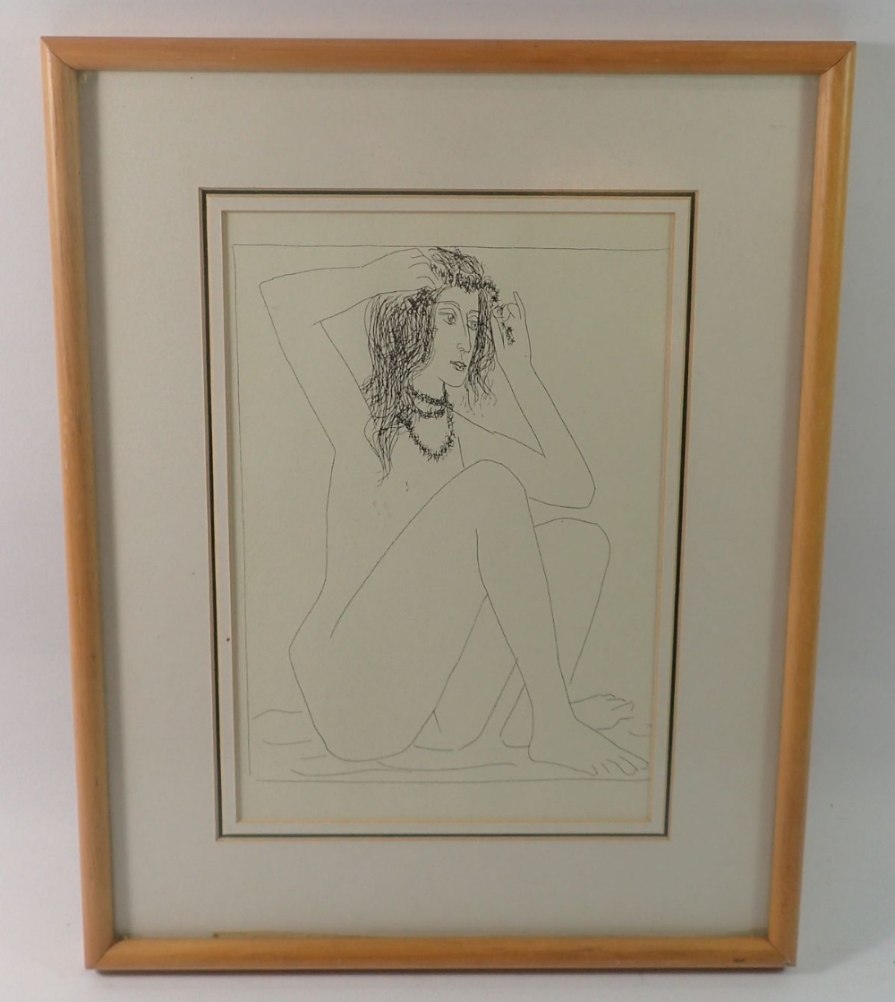 A print after Picasso, seated nude crowning herself with flowers, Vollande Suite 1956 Plate 2, 25