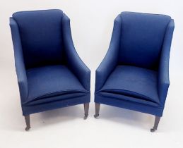 A pair of small Edwardian blue upholstered small tub chairs on square tapered supports, 57cm wide