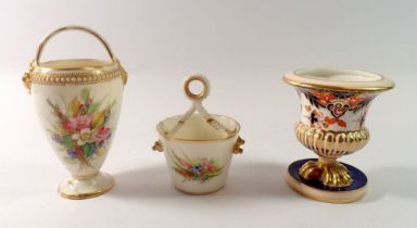 Two Royal Worcester trinket pots and a Royal Crown Derby Imari vase, all a/f, tallest 12.5cm tall