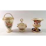 Two Royal Worcester trinket pots and a Royal Crown Derby Imari vase, all a/f, tallest 12.5cm tall