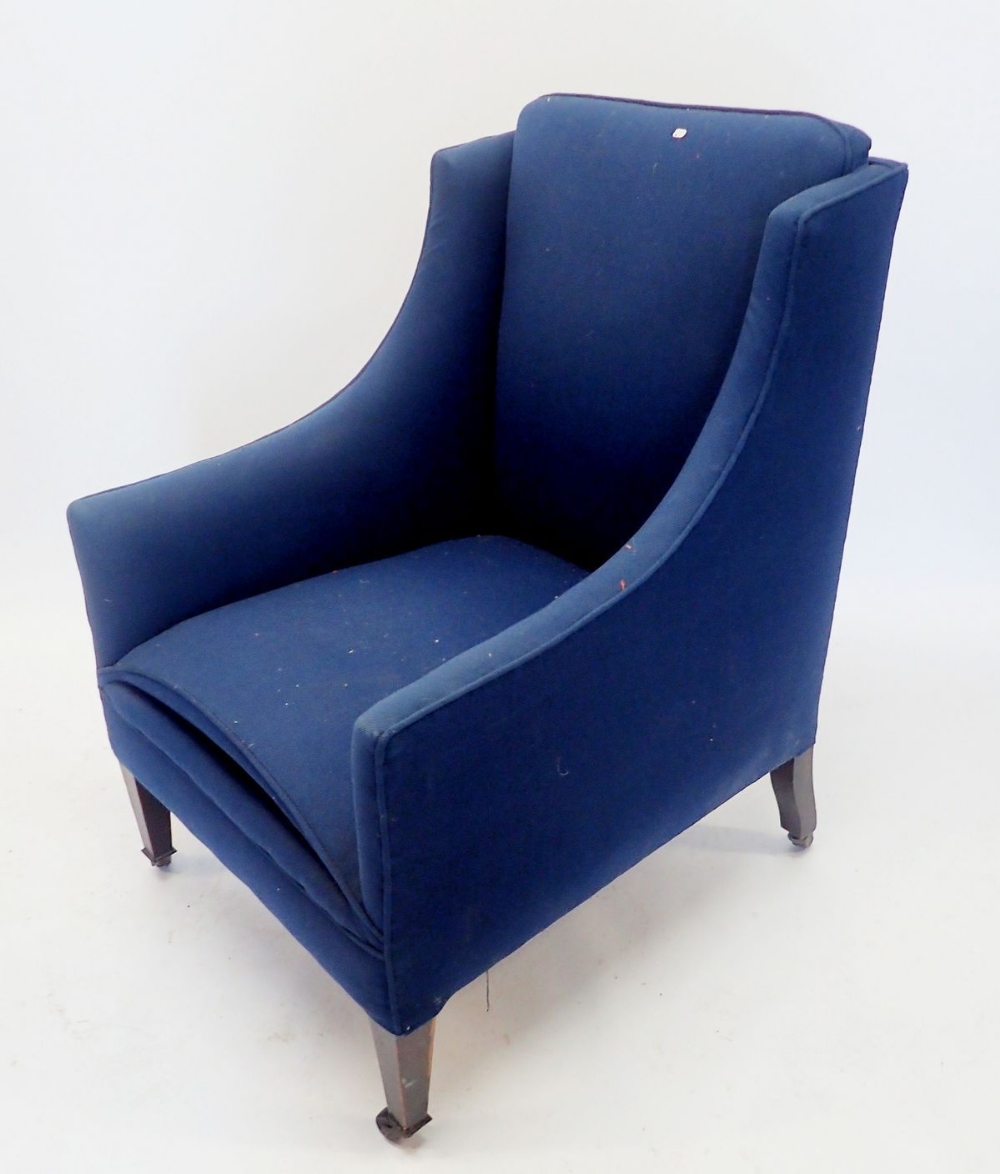 A pair of small Edwardian blue upholstered small tub chairs on square tapered supports, 57cm wide - Image 2 of 2