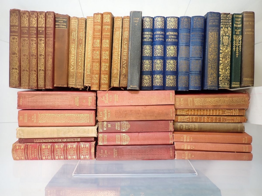 A box of literary books including some leather bindings and works by Ruskin, Thackeray etc. - Image 2 of 3