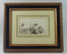 An early 19th century pen and ink Indian scene with temple, signed indistinctly, 10.5 x 18cm