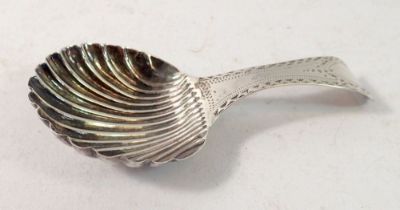 A bright cut engraved silver caddy spoon, London 1802 by Peter & Ann Bateman