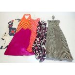 A 1960's Spinney trouser suit, a Jean Varon halter neck black and white dress, an orange and