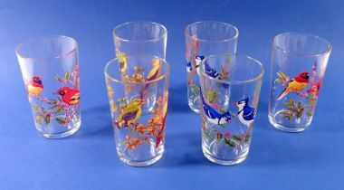 A vintage set of six glass tumblers printed birds