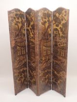 A 19th century continental leather four fold screen painted villa and gardens with animal and birds,