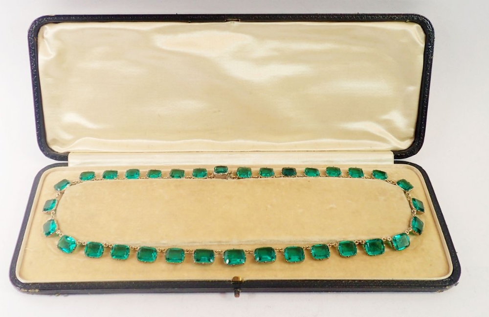 An Art Deco white metal and green paste necklace