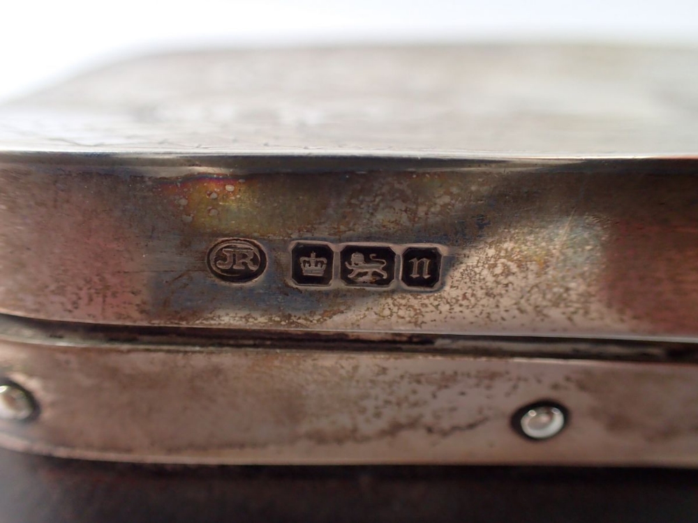 A silver mounted leather toiletry box with engraved scrollwork decoration, Sheffield 1905, 16 x - Image 2 of 3