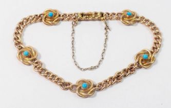 A 15 carat gold chain link bracelet set turquoise, 9.2g