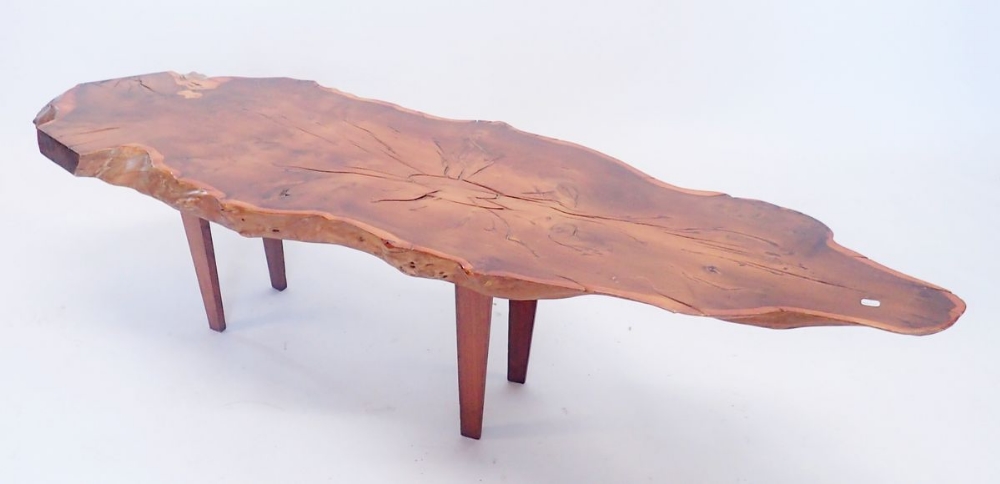 A rustic yew wood plank top live edge coffee table labelled 'Hand Made Hugo Mason", 135 x 38 x