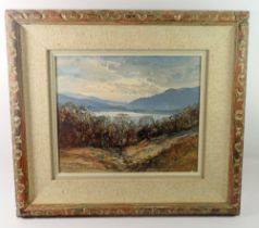 R G Trow - oil on board lake landscape, with Alexander Gallery label, 32 x 36cm