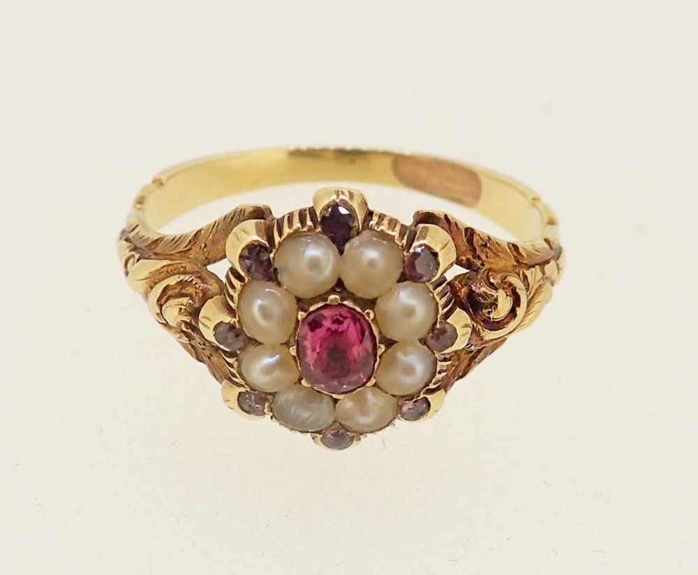 A Victorian gold cluster ring set ruby, amethysts and seed pearls, 2.4gm size N, unmarked but tested - Image 2 of 5