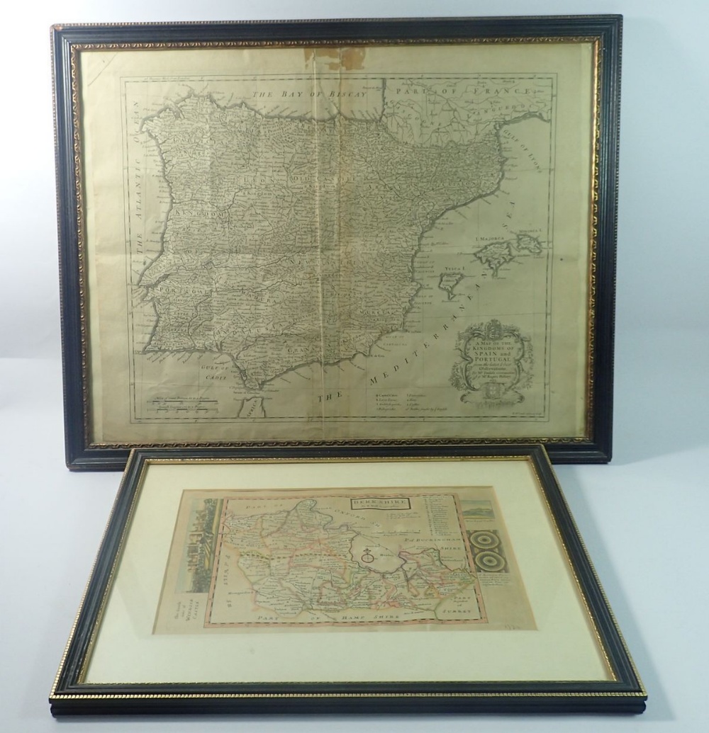 H Moll map of Berkshire, 20 x 32cm and a map of Spain and Portugal for Mr Tindall's engravings by