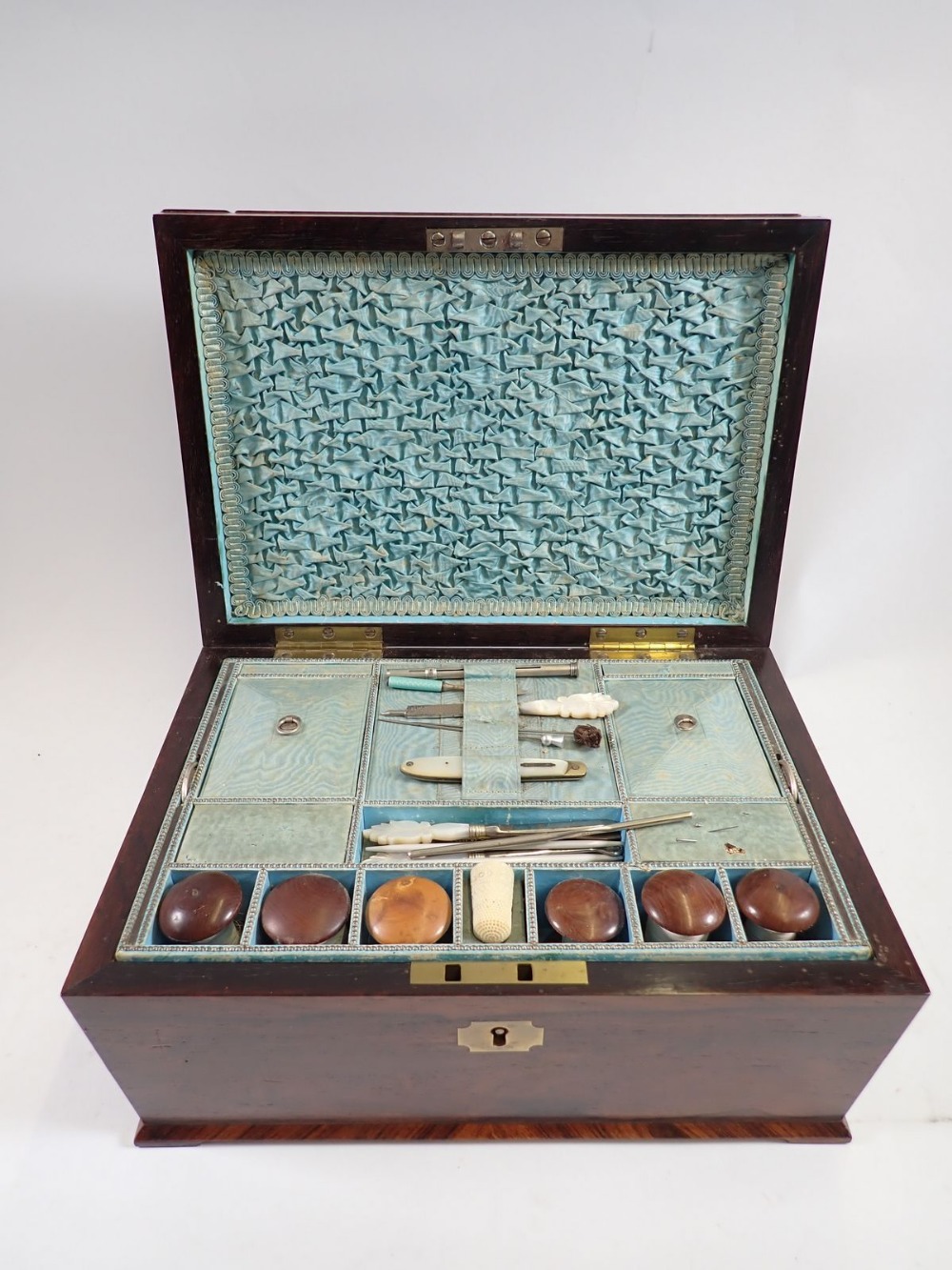 A Victorian rosewood needlework box with fitted interior including wooden reels and lift out tray, - Image 2 of 5