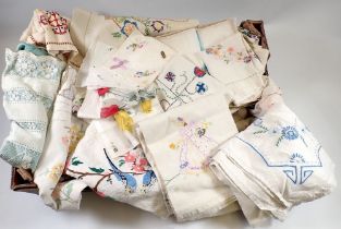 A box of various vintage hand embroidered table linen etc. including crinoline lady, floral and