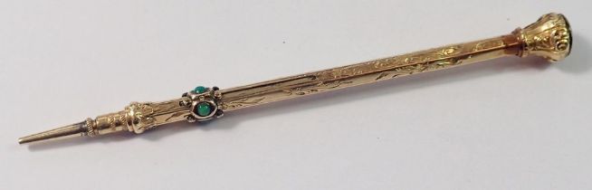 A Victorian yellow metal pencil set turquoise, unmarked, 4.9g